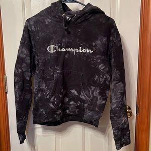 Small champion navy blue tie dye hoodie with silver logo
